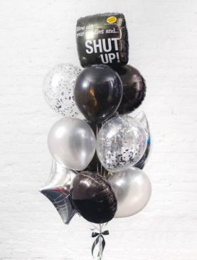 12 серебряно-черных шаров из фольги, латекса и с конфетти